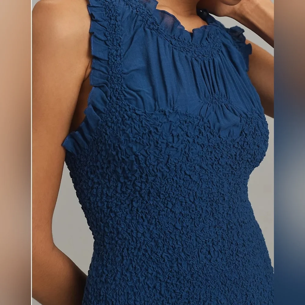 Anthropologie Ruffle Trim Textured Mini Dress in Navy Blue